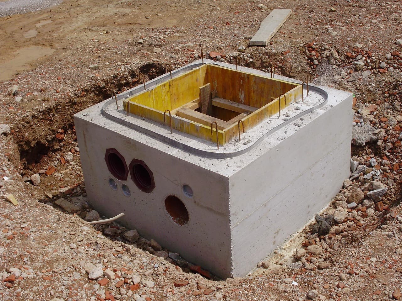 New inspection chamber with its pipe openings, set into a dug-out trench
